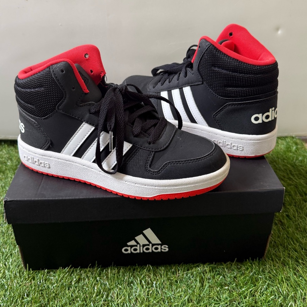 Adidas Black and Red High-Top Sneakers - Kids Size 4 Hoops Mid 2.0K